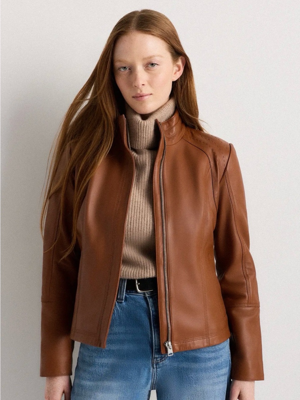 NWT Quince 100% Leather Stand Collar Jacket Dark Cognac Brown Size XL